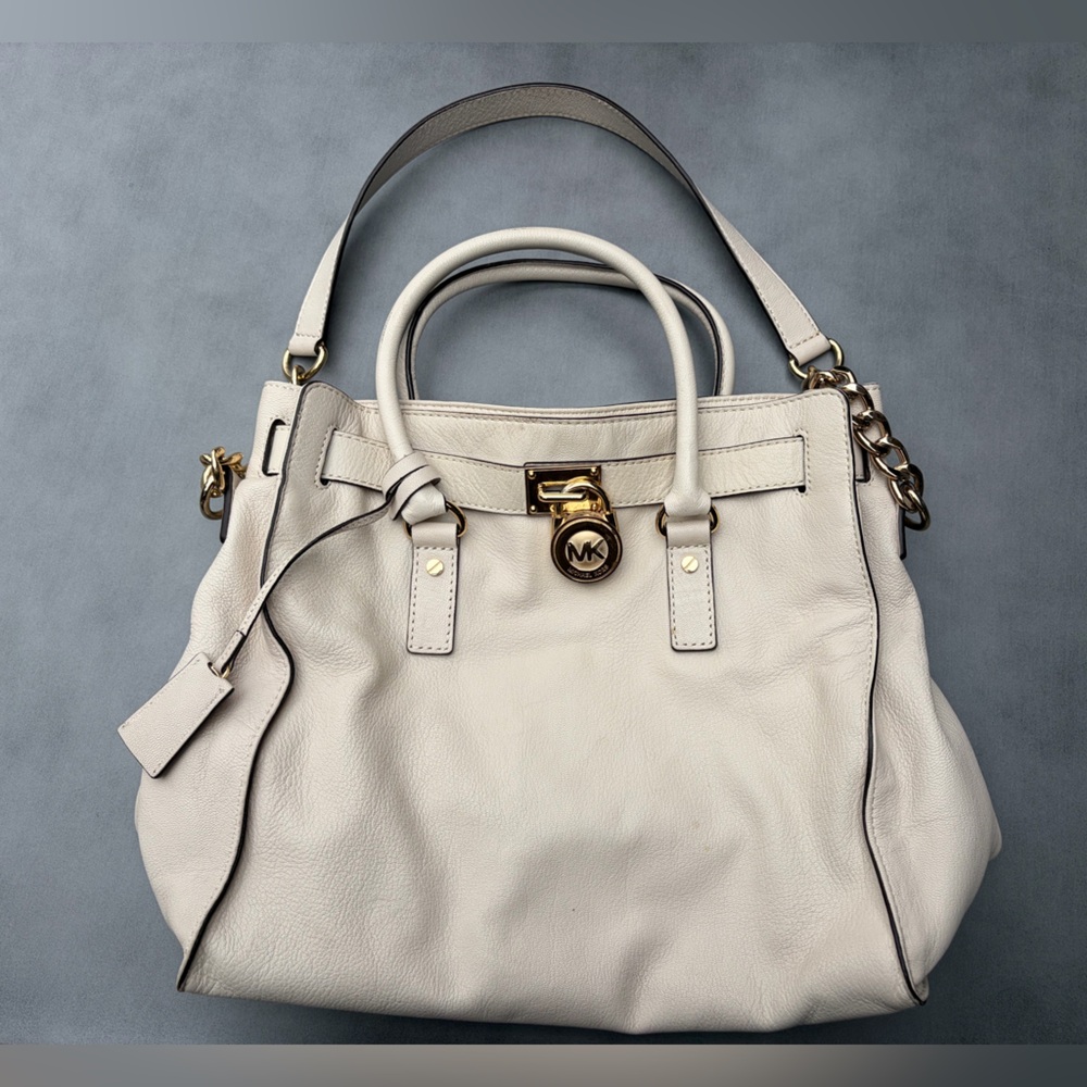 Michael Kors Hamilton Large Vanilla Cream Leather Gold Lock Tote Bag Purse
